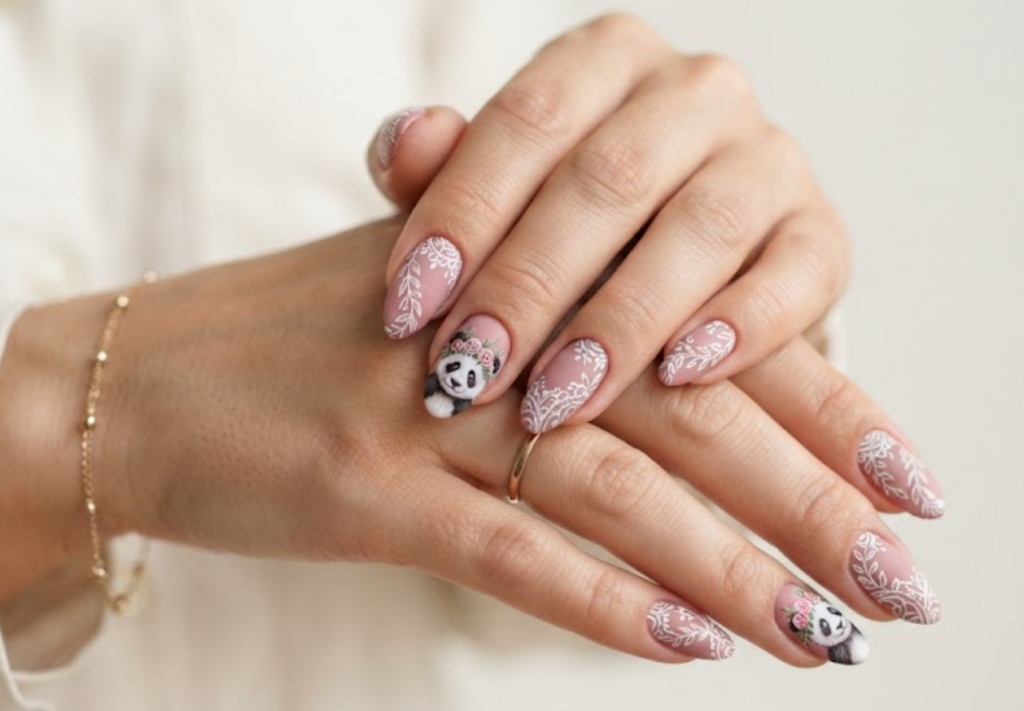 In this image, almond-shaped nails with a vintage dusty rose pink base are shown. The accent nail displays a panda wearing a crown of tiny painted roses. Others feature leafy vines and delicate lace-like white line patterns. The hand wears an ivory linen shirt.