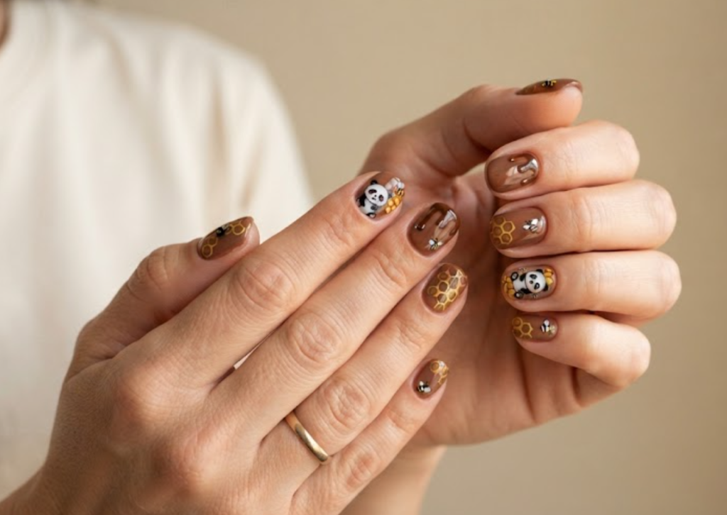 In this image, short round-shaped natural nails with a soft glossy milk chocolate brown base are in sharp focus. One nail features a panda sitting near a honeycomb. The design includes honeycomb patterns, dripping chocolate tips, and tiny bee illustrations. The hand wears a cream shirt.