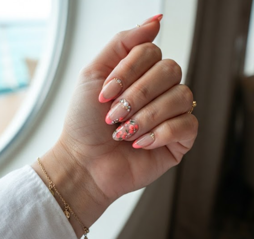 In this image, full hand nails feature Coral Blossom Tips cruise nail ideas.