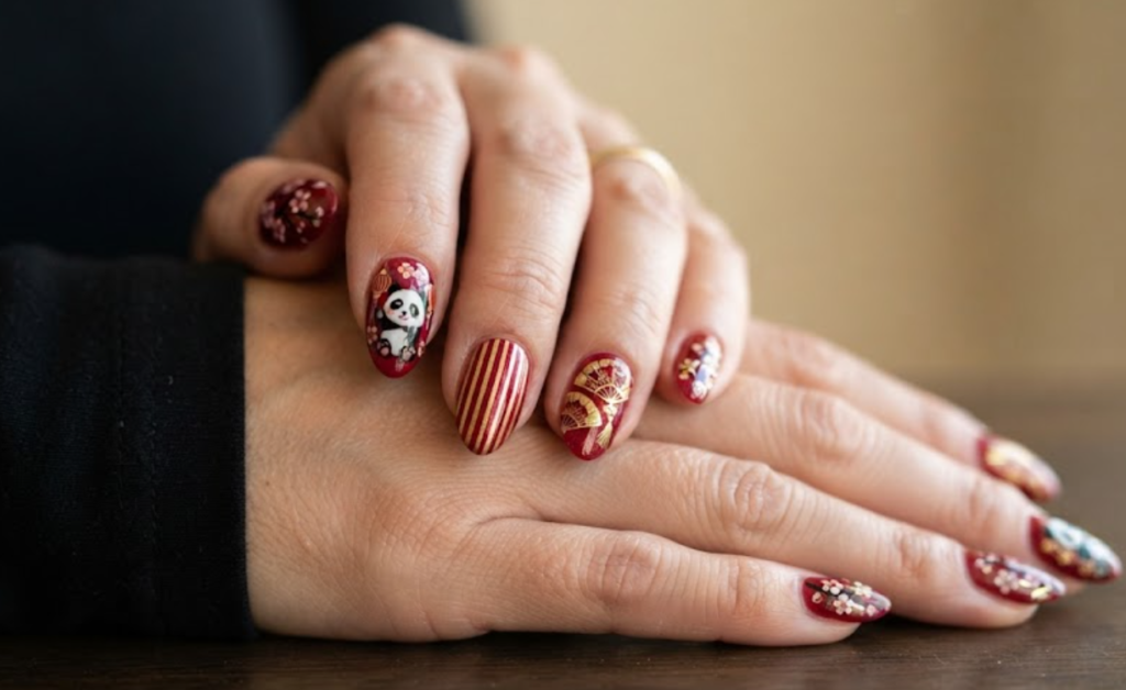 In this image, medium-length almond-shaped nails with a traditional crimson red base are in sharp focus. One nail features a panda combined with Asian lantern motifs. Others have golden fan patterns, red-and-gold stripes, and blossom branches. The hand wears a black long-sleeved shirt.