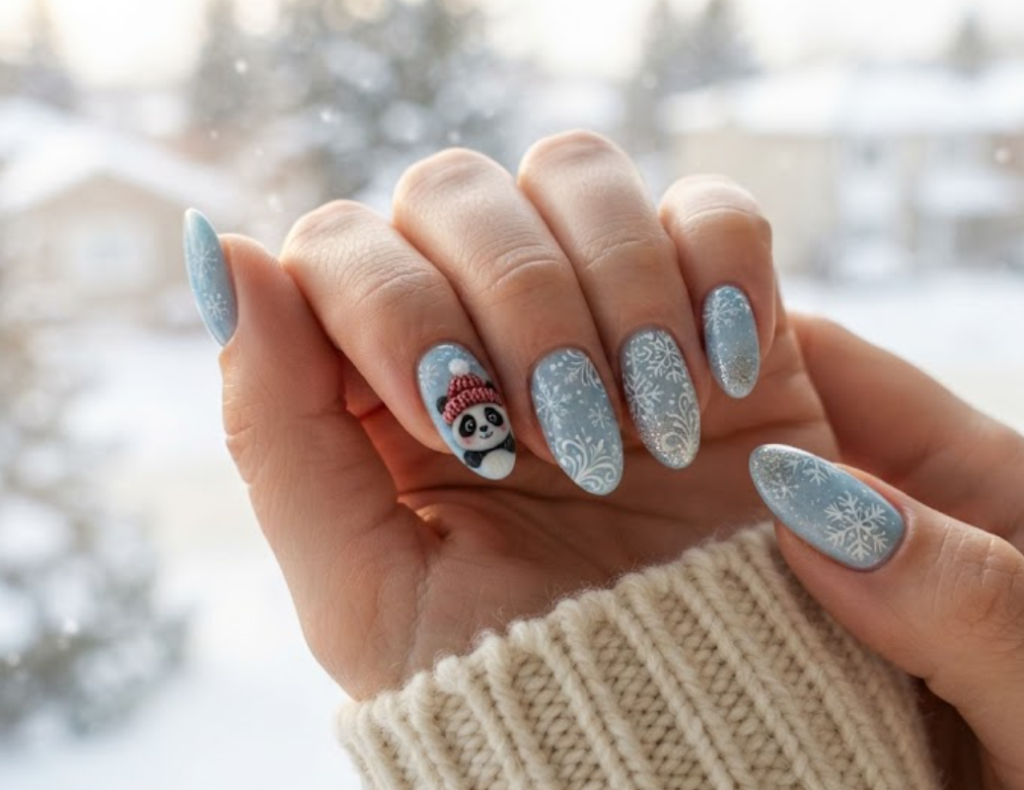 In this image, medium-length almond-shaped nails with a frosty ice blue base are sharply focused. One nail features a cute panda wearing a tiny knitted winter beanie. The design includes falling snowflakes, frost patterns, and a dusting of silver glitter tips. The hand wears a white cable knit sweater against a snowy window view.