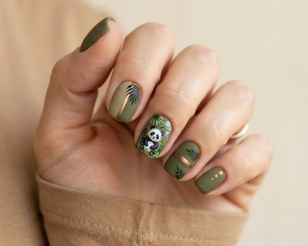 In this image, short squoval-shaped natural nails with a rich matte earthy olive green base are shown. The accent nail displays a panda bear surrounded by tropical safari foliage. Others feature palm leaf silhouettes, khaki color blocks, and bronze metallic stripes. The hand wears a tan t-shirt.