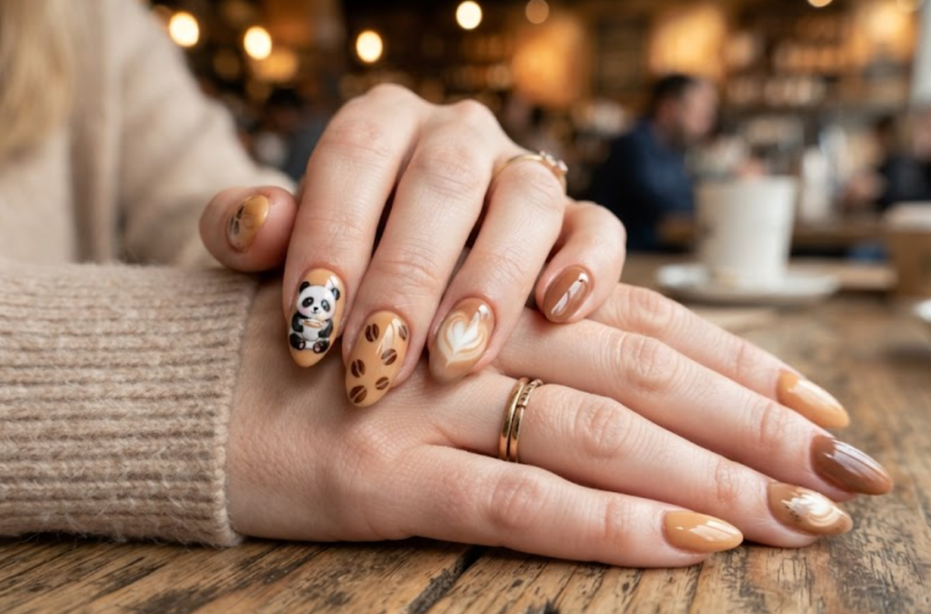 In this image, medium-length almond-shaped nails with a creamy caramel brown base are shown. The design features a panda holding a coffee mug. Others display coffee bean illustrations, realistic latte foam art, and milk-chocolate brown gradients. The hand wears a soft beige sweater.