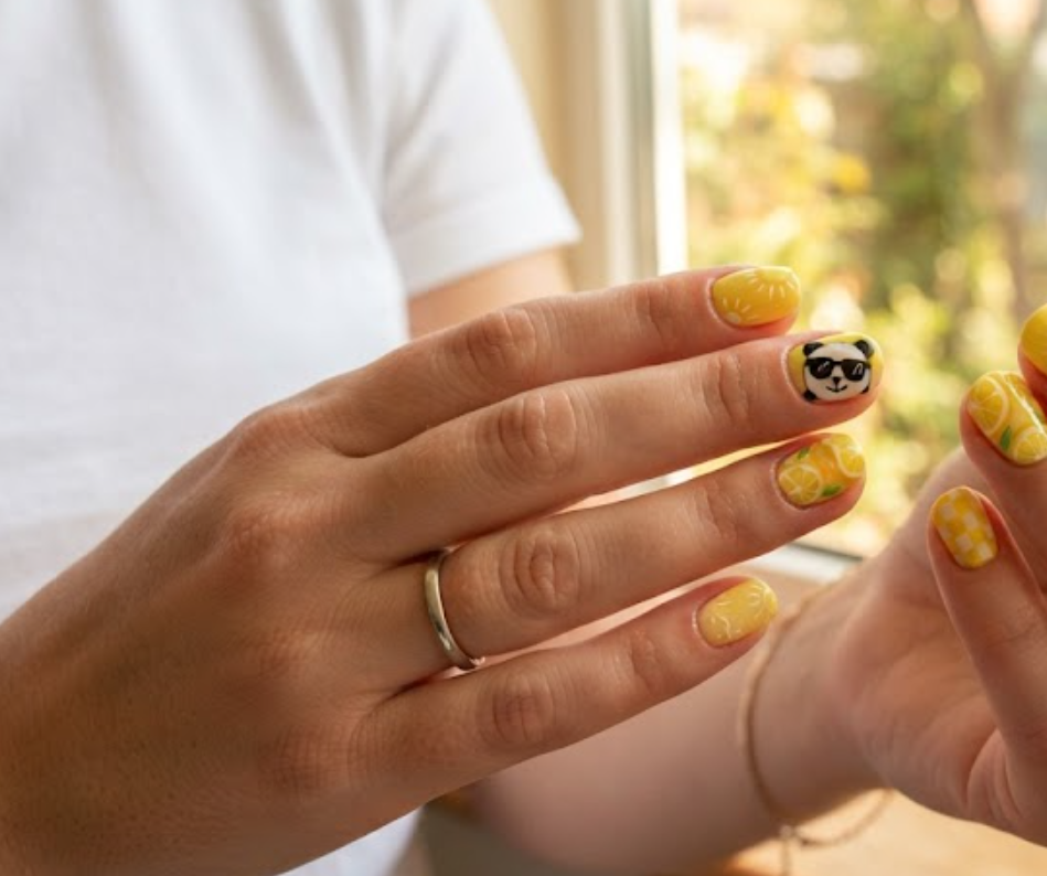 In this image, short round-shaped natural nails with a bright lemonade yellow base are shown. The accent nail displays a happy panda wearing sunglasses. Others feature realistic sliced lemon patterns, white sunbursts, and checkerboard tips. The hand wears a white shirt against a sunlit window view.
