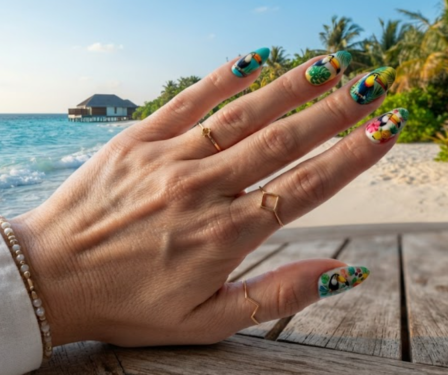 In this image, full hand nails feature Tropical Toucan Escape cruise nail ideas.