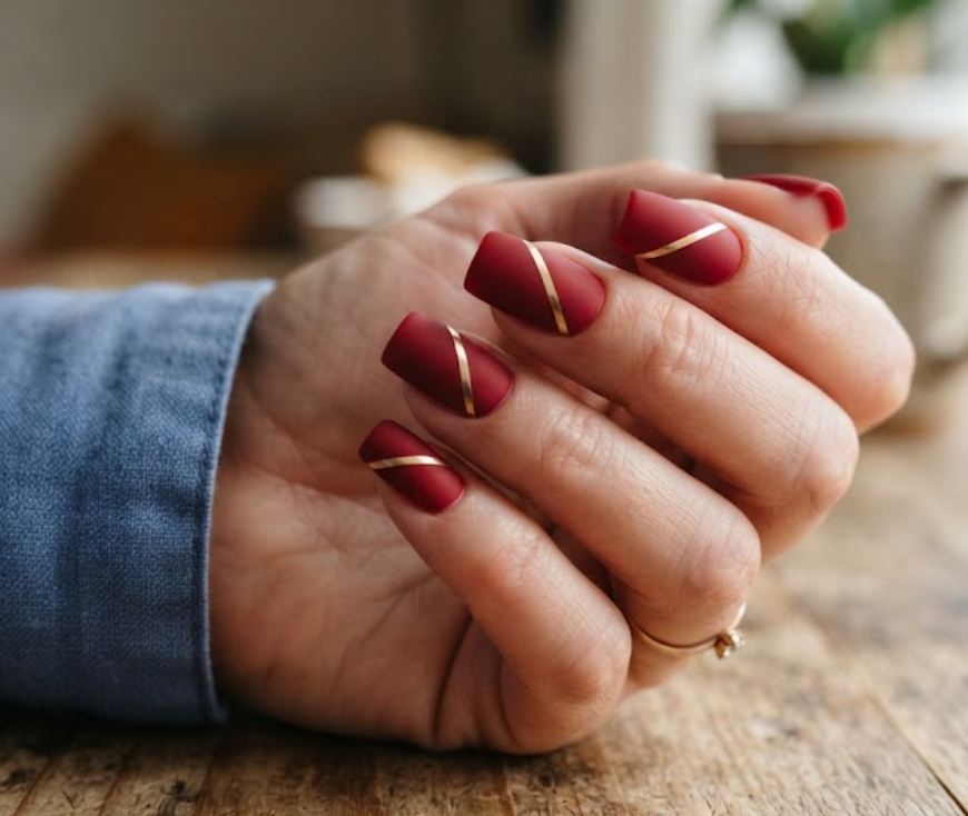 In this image, a real hand with matte blood-red square nails featuring diagonal gold striping tape is shown in a close-up photo, wearing a simple solid dusty blue shirt, simple minimal indoor background, natural lighting, realistic photography.