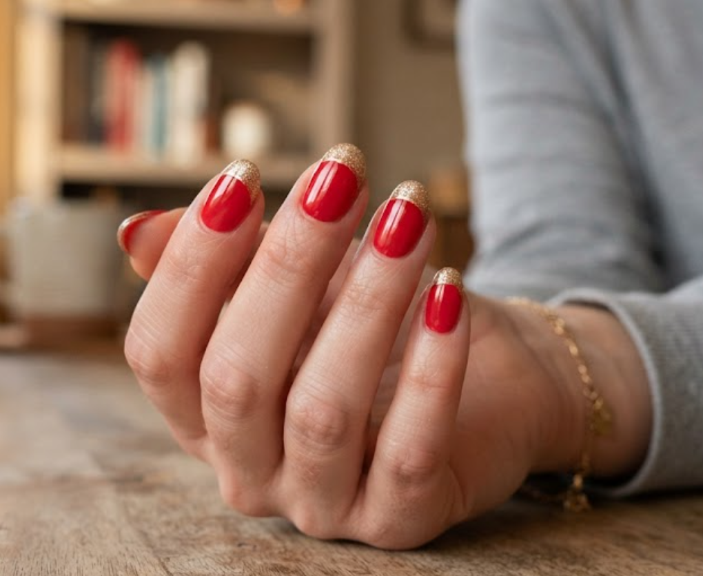 In this image, a real hand with bright cherry-red oval nails featuring alternating gold glitter French tips is shown in a close-up photo, wearing a simple solid soft gray shirt, simple cozy room background, natural lighting, realistic photography.