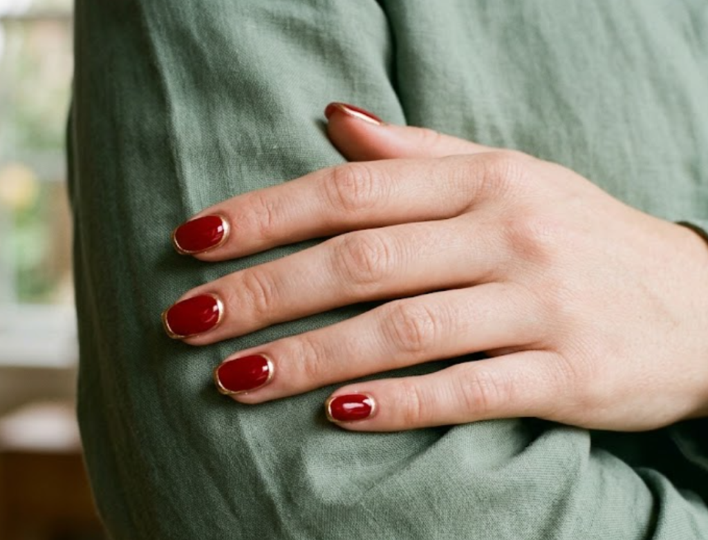 In this image, a real hand with classic crimson gloss nails featuring hand-drawn gold chrome borders is shown in a close-up photo, wearing a simple solid sage green shirt, simple soft blurred window background, natural lighting, realistic photography.