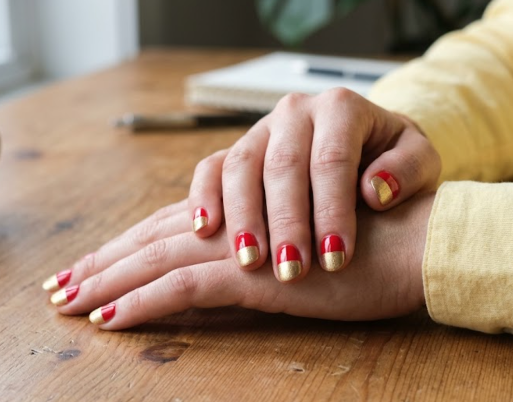 In this image, a real hand with short round nails featuring dual-tone split red and metallic gold blocks is shown in a close-up photo, wearing a simple solid pastel yellow shirt, simple warm wooden desk background, natural lighting, realistic photography.