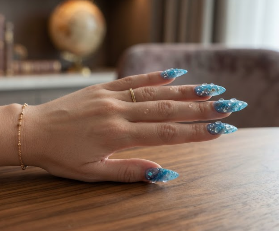 In this image, full hand nails feature Crystal Waterfall cruise nail ideas.