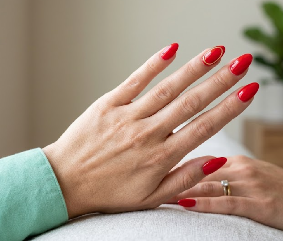 In this image, a real hand with coffin metallic bronze-red nails featuring clean straight gold smile lines is shown in a close-up photo, wearing a simple solid peach colored shirt, simple blurred window background, natural lighting, realistic photography.