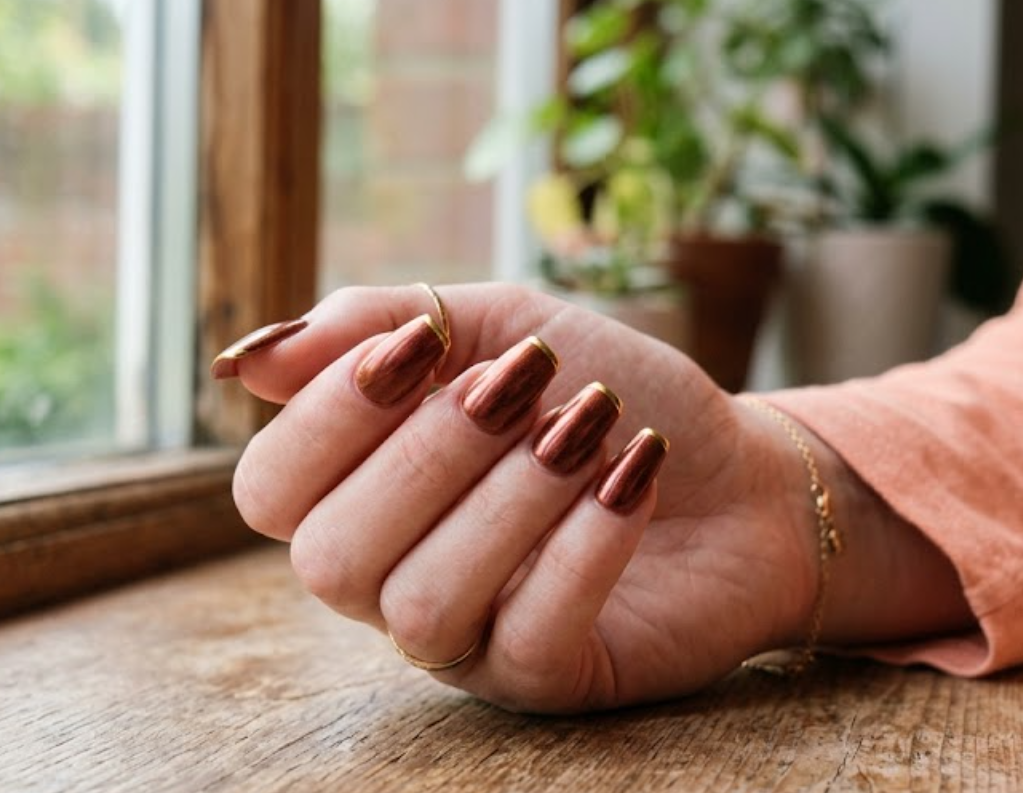In this image, a real hand with coffin metallic bronze-red nails featuring clean straight gold smile lines is shown in a close-up photo, wearing a simple solid peach colored shirt, simple blurred window background, natural lighting, realistic photography.