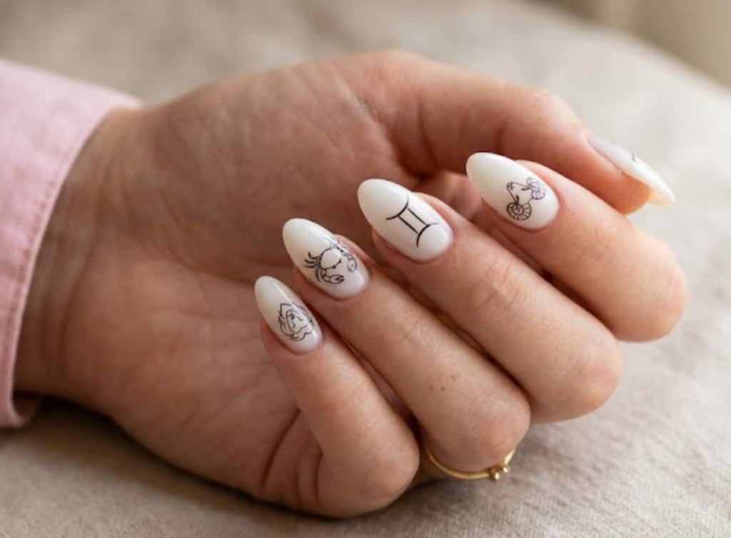 In this image, a real hand with almond milky white nails featuring minimalist zodiac animal line art is shown in a close-up photo, wearing a simple solid light pink shirt, simple soft neutral background, natural lighting, realistic photography.