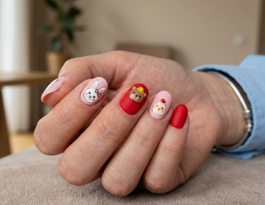 In this image, a real hand with pastel pink nails featuring cute mascot portraits and solid red accents is shown in a close-up photo, wearing a simple solid sky blue shirt, simple clean indoor background, natural lighting, realistic photography.