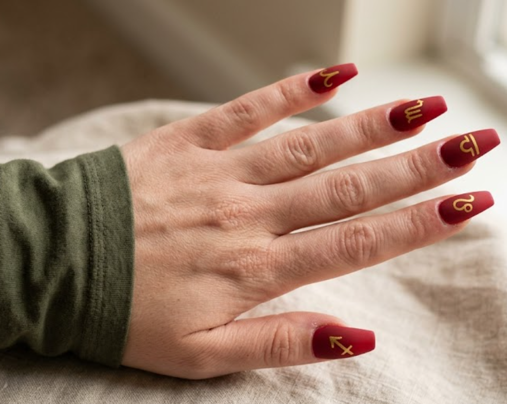In this image, a real hand with matte red coffin nails featuring hand-painted gold zodiac silhouettes is shown in a close-up photo, wearing a simple solid olive green shirt, simple minimalist background, natural lighting, realistic photography.