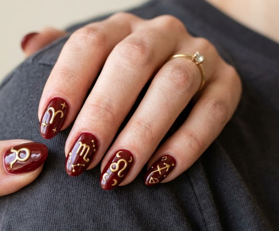 In this image, a real hand with deep red nails featuring abstract zodiac symbols in thick gold gel is shown in a close-up photo, wearing a simple solid charcoal grey shirt, simple neutral wall background, natural lighting, realistic photography.