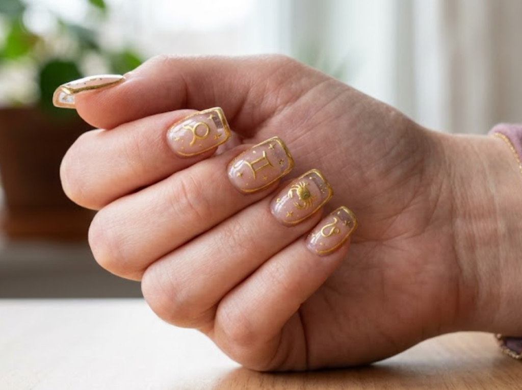 In this image, a real hand with square glossy clear nails featuring floating gold zodiac emblems and borders is shown in a close-up photo, wearing a simple solid mauve shirt, simple window light background, natural lighting, realistic photography.