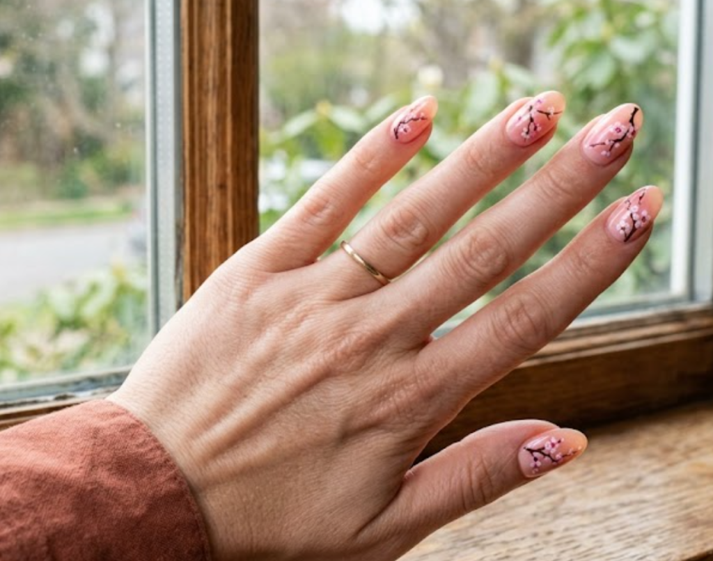 In this image, a real hand with oval peach-pink gradient nails featuring delicate cherry blossom branches is shown in a close-up photo, wearing a simple solid terracotta shirt, simple window view background, natural lighting, realistic photography.