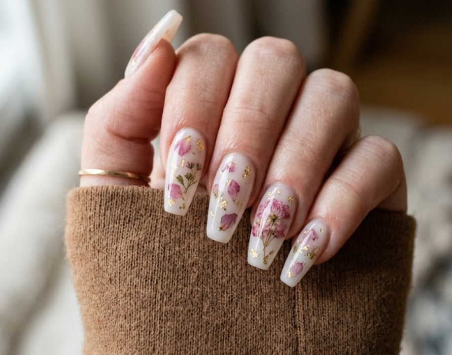 vIn this image, a real hand with coffin milky nails embedded with dried pink floral petals and gold flakes is shown in a close-up photo, wearing a simple solid warm brown shirt, simple clean background, natural lighting, realistic photography.