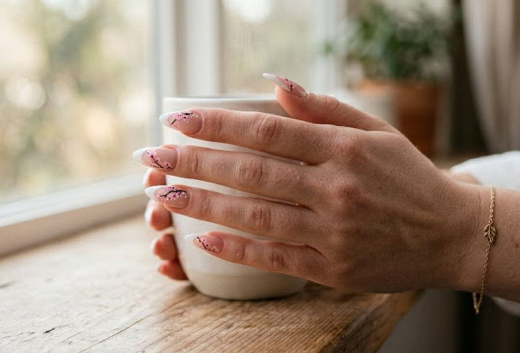 In this image, a real hand with stiletto French tip nails featuring delicate cherry blossom smile lines is shown in a close-up photo, wearing a simple solid pearl white shirt, simple soft window background, natural lighting, realistic photography.