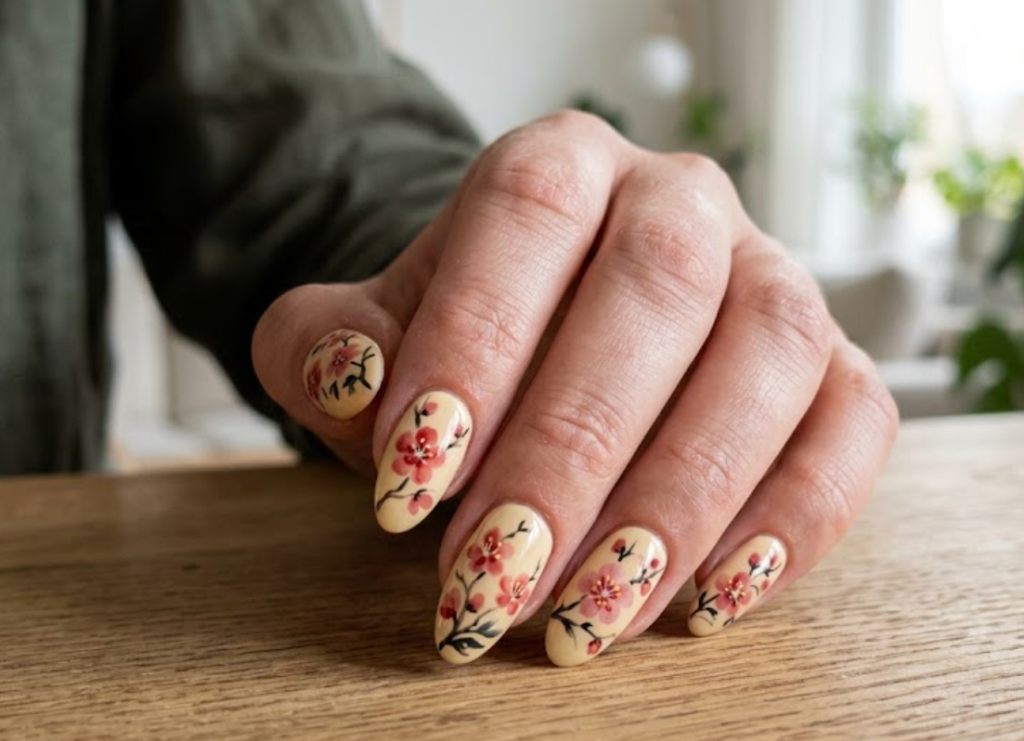 In this image, a real hand with almond soft yellow-beige nails featuring watercolor red plum blossoms is shown in a close-up photo, wearing a simple solid dark green shirt, simple minimalist background, natural lighting, realistic photography.