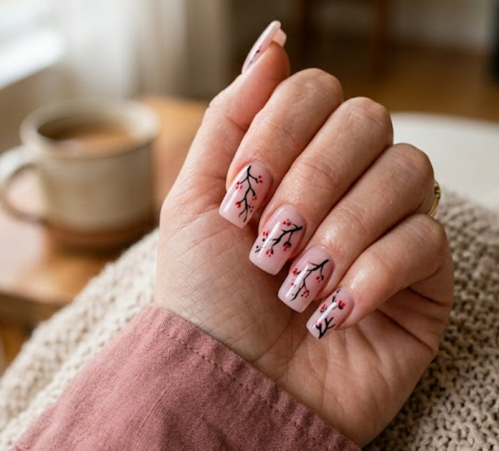 In this image, a real hand with square translucent pink nails featuring fine black branch and red bud art is shown in a close-up photo, wearing a simple solid dusty rose shirt, simple cozy room background, natural lighting, realistic photography.