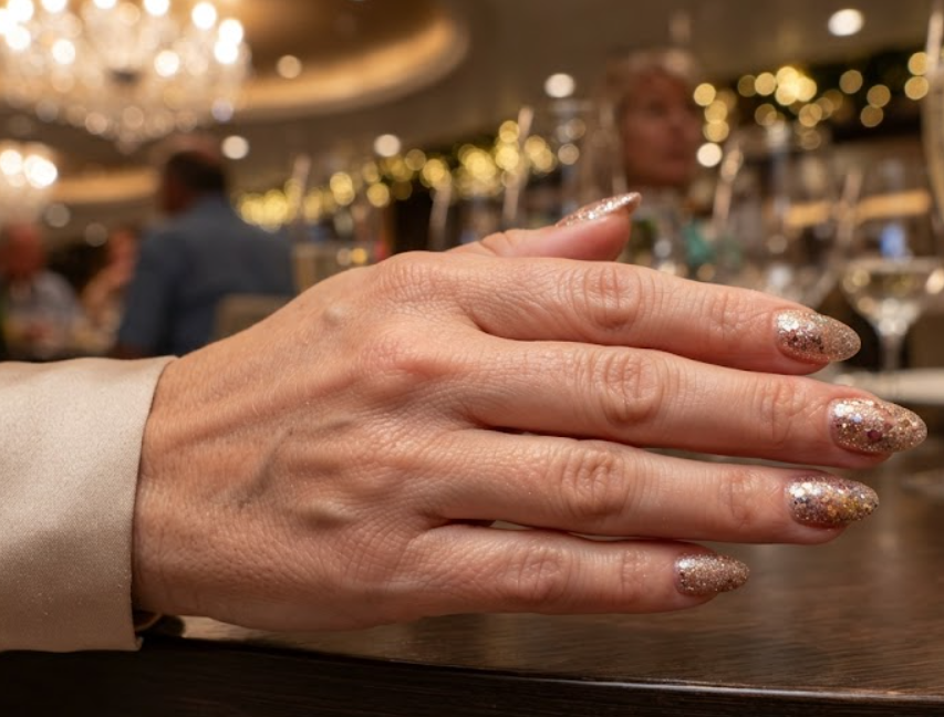 In this image, full hand nails feature Champagne Cruise Party nail ideas.