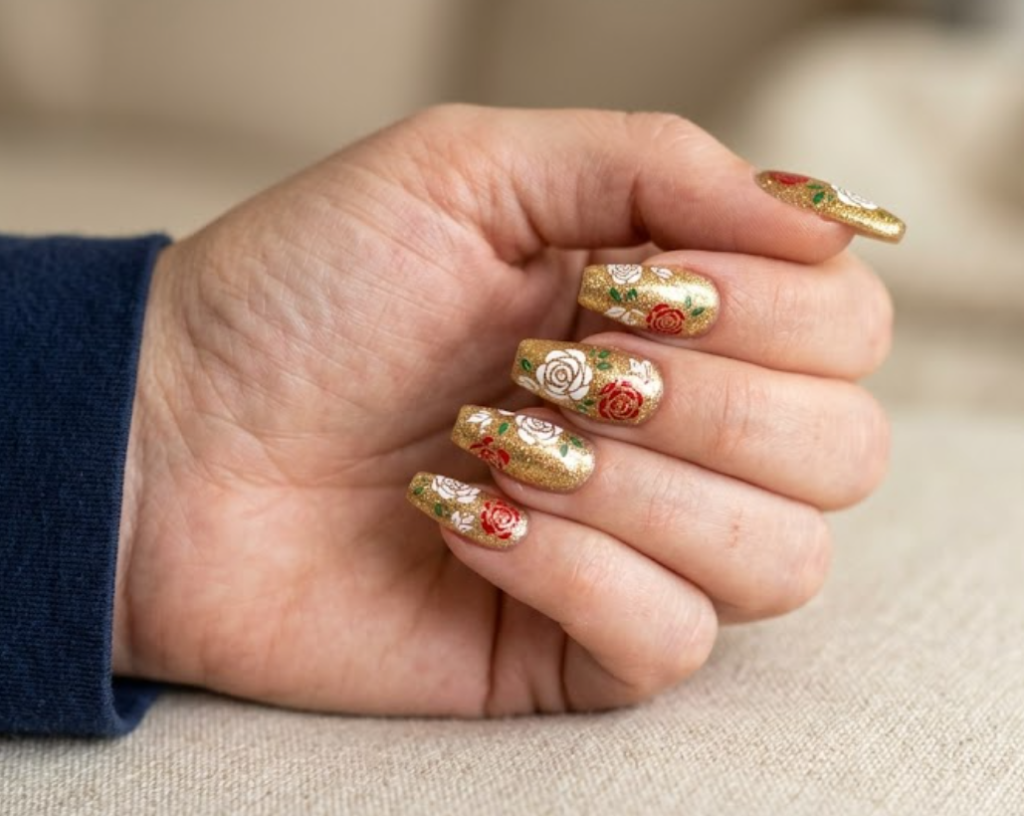 imageIn this image, a real hand with solid red almond nails featuring sculpted 3D golden ingot charms is shown in a close-up photo, wearing a simple solid beige shirt, simple soft window background, natural lighting, realistic photography.