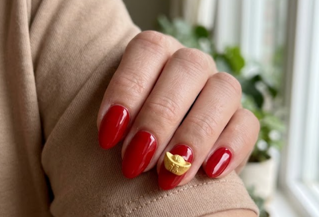 imageIn this image, a real hand with milky white oval nails featuring textured raised 3D red knot symbols is shown in a close-up photo, wearing a simple solid light gray shirt, simple minimalist background, natural lighting, realistic photography.