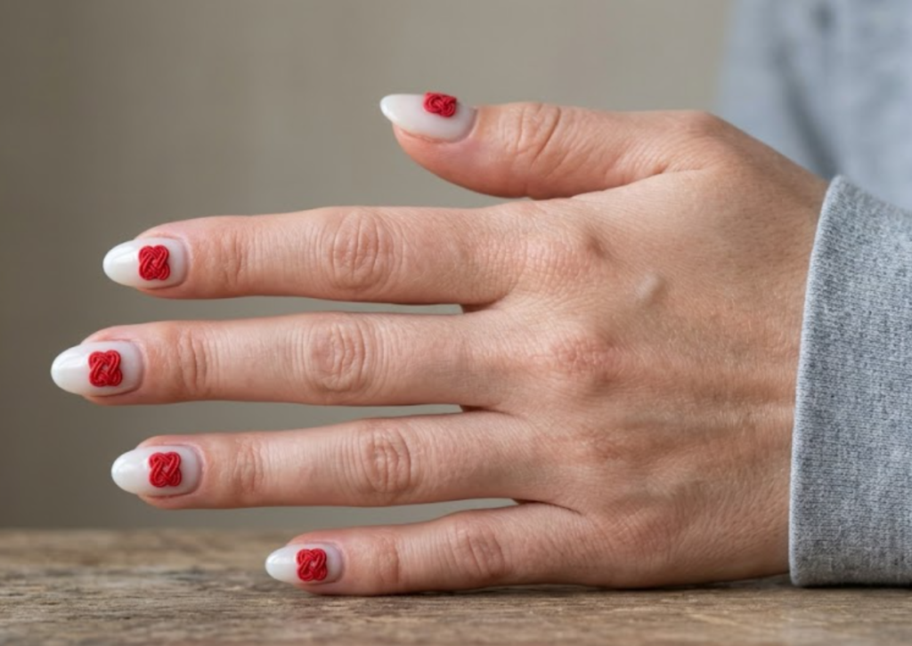imIn this image, a real hand with deep red coffin nails paired with tiny gold coin charms and studs is shown in a close-up photo, wearing a simple solid crimson red shirt, simple clean indoor background, natural lighting, realistic photography.age
