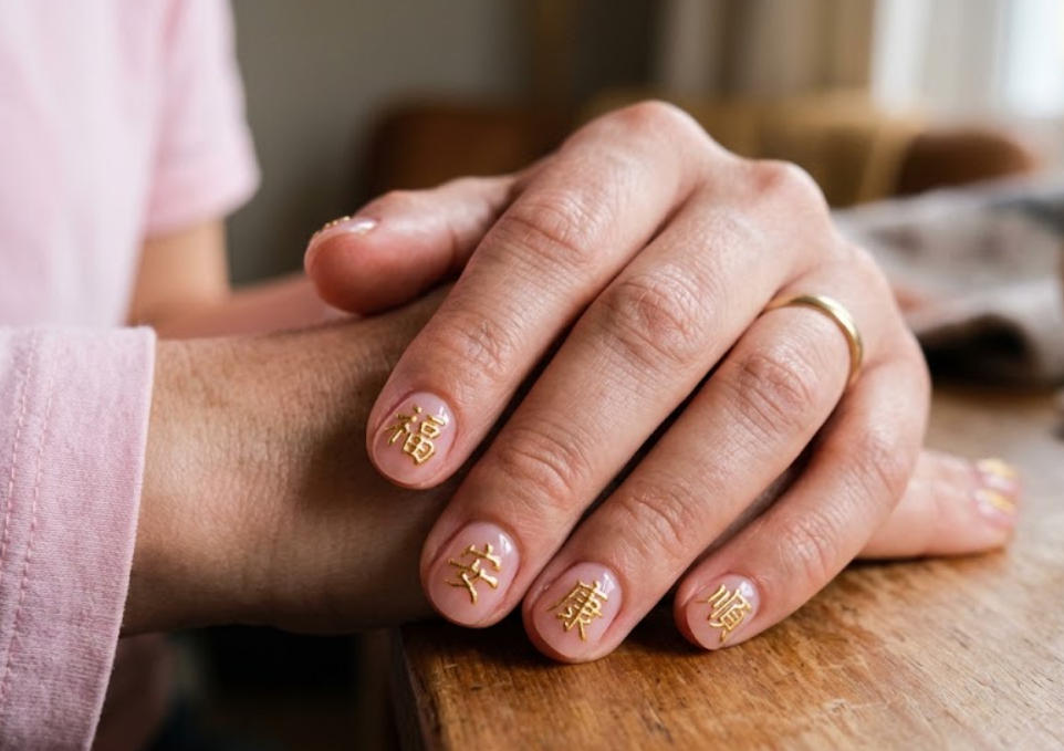 Close-up photo of a real hand with translucent pink short round nails featuring 3D gold calligraphy blessings, wearing a baby pink shirt.