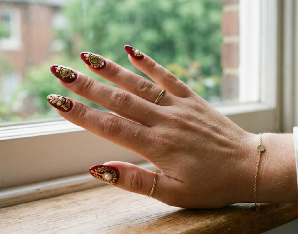 In this close-up photo, Chinese New Year nails featuring glossy burgundy almond tips with traditional gold pearl coin patterns are shown on a real hand wearing an ivory shirt.