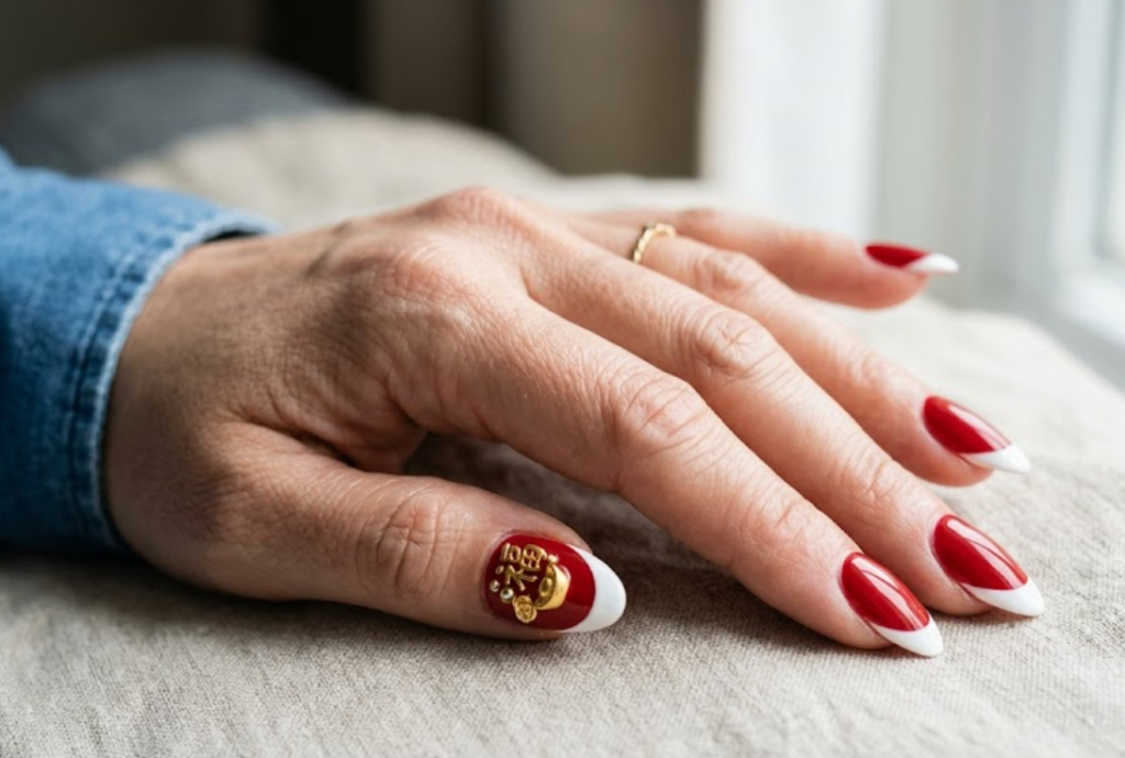 In this close-up photo, Chinese New Year nails featuring classic red French tips with 3D gold prosperity charms on the thumb are shown on a real hand wearing a denim blue shirt.