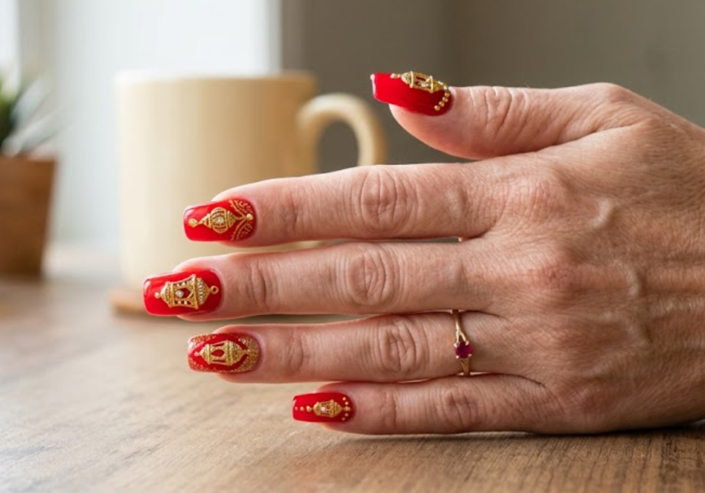 Close-up photo of a real hand with bright red square nails featuring hanging gold lantern charms, wearing a mustard shirt.e