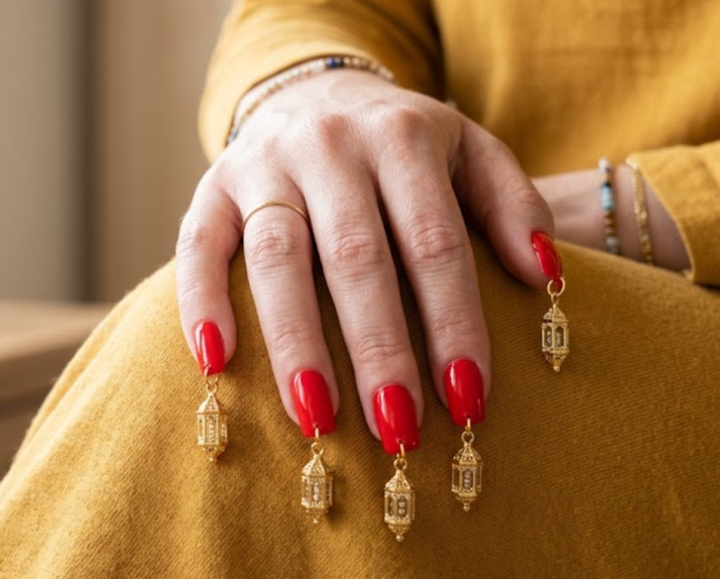 Close-up photo of a real hand with bright red square nails featuring hanging gold lantern charms, wearing a mustard shirt.