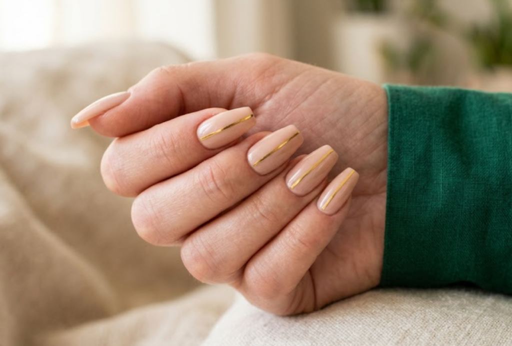 In this close-up photo, Chinese New Year nails featuring coffin nude tips with ultra-thin vertical gold metallic foil strips are shown on a real hand wearing an emerald shirt.