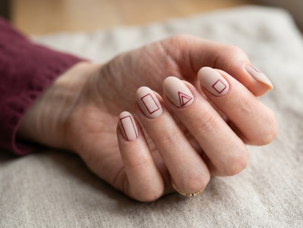 In this close-up photo, Chinese New Year nails featuring matte soft beige oval tips with minimalist red geometric frames are shown on a real hand wearing a wine red shirt.