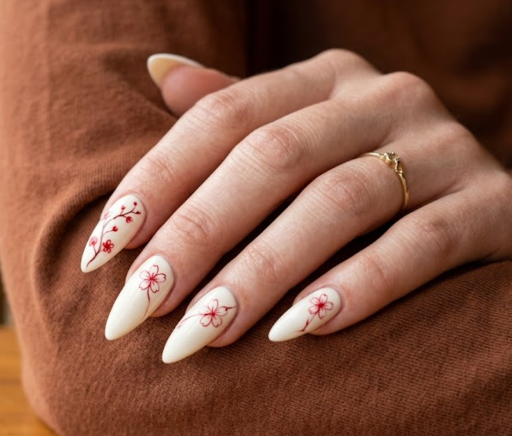 In this close-up photo, Chinese New Year nails featuring stiletto off-white tips with single-stroke red cherry blossom outlines are shown on a real hand wearing a rust brown shirt.