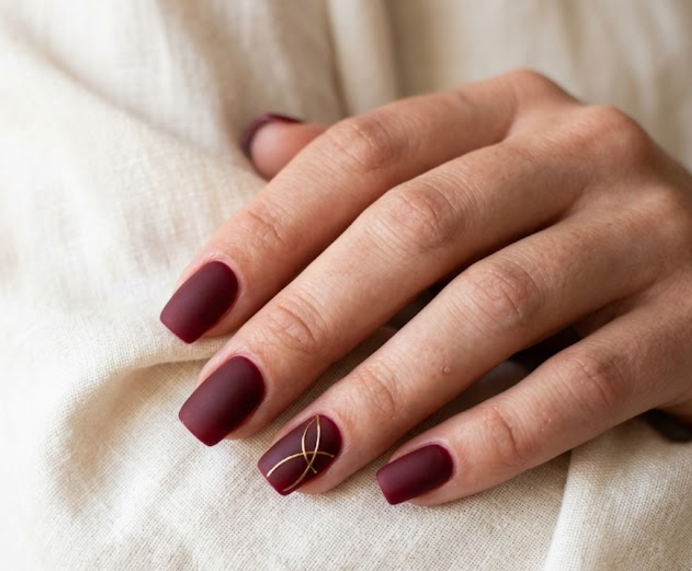 In this close-up photo, Chinese New Year nails featuring matte dark red square tips with minimalist intersecting gold loops are shown on a real hand wearing a cream shirt.