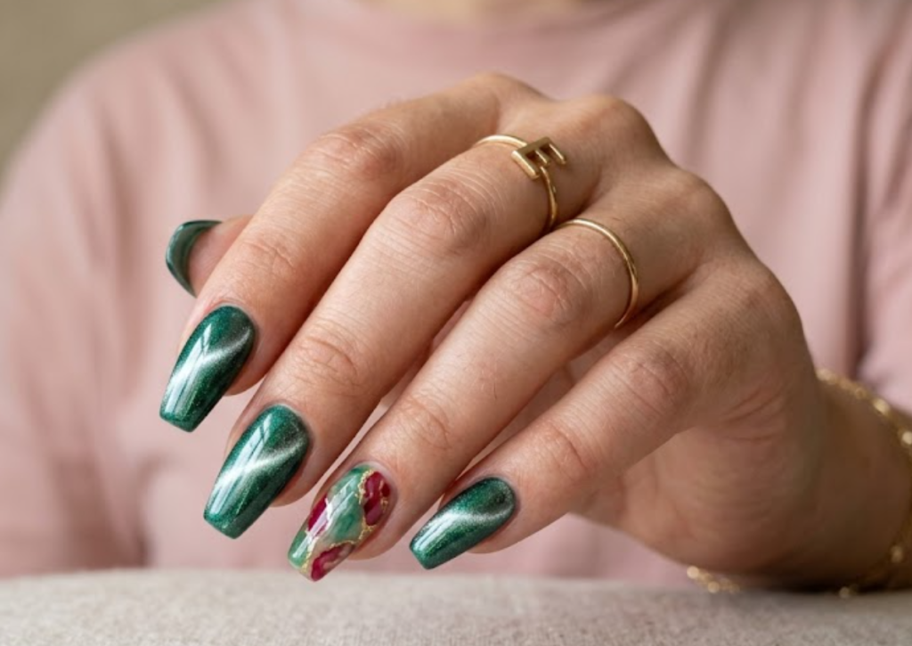 In this close-up photo, Chinese New Year nails featuring coffin emerald green cat-eye tips paired with modern jade-and-ruby red accents are shown on a real hand wearing a blush pink shirt.