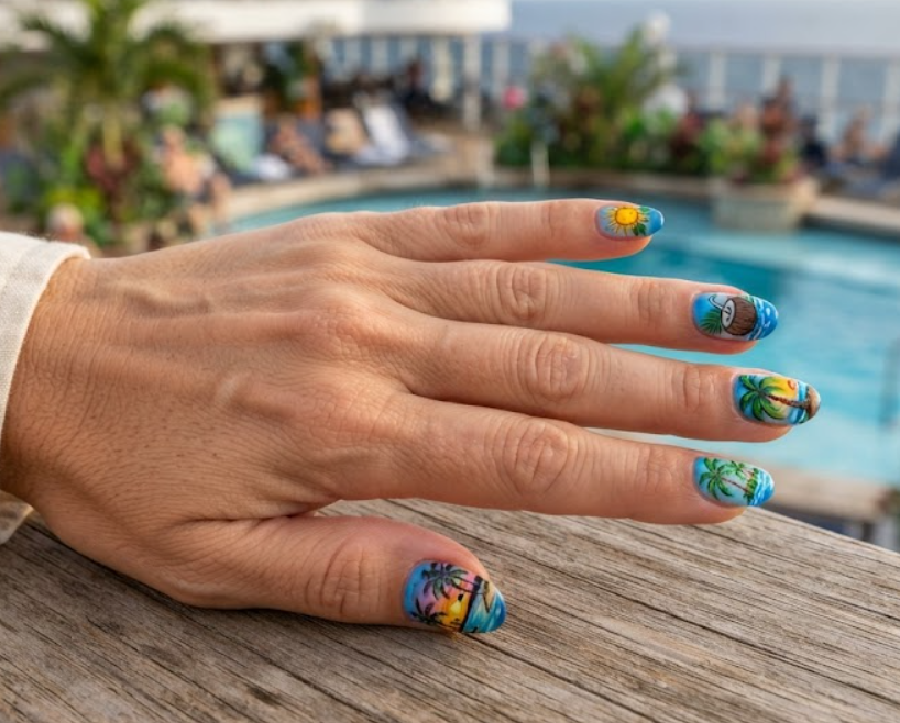 In this image, full hand nails feature Coconut Paradise cruise nail ideas.