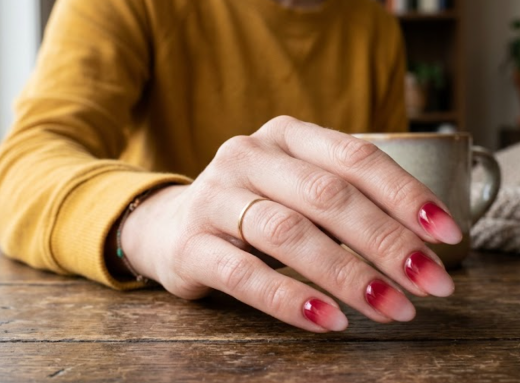 In this close-up photo, Chinese New Year nails featuring oval horizontal gradient ombré tips fading from crimson to milky pink are shown on a real hand wearing a mustard yellow shirt.