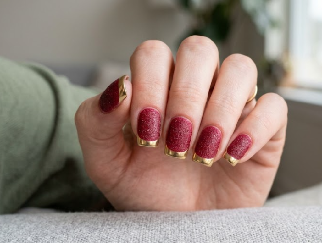 In this close-up photo, Chinese New Year nails featuring square frosted sugar-texture red tips with smooth gold chrome tips are shown on a real hand wearing an olive shirt.