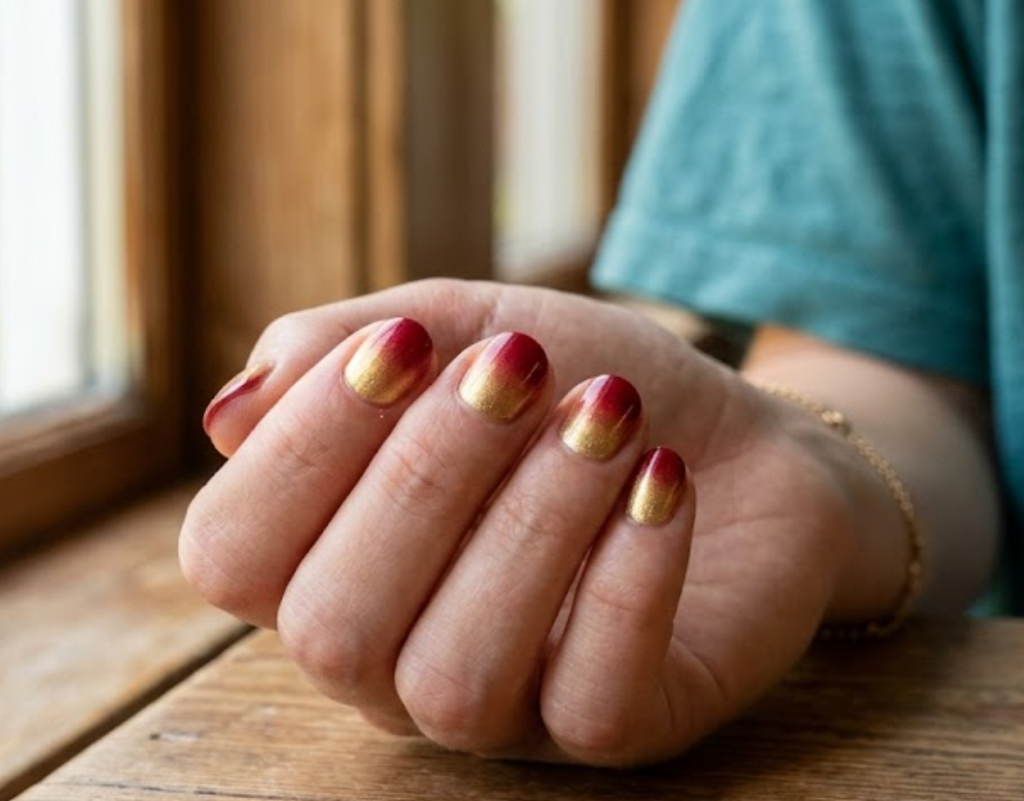 In this close-up photo, Chinese New Year nails featuring short round vertical ombré tips fading from gold to deep red are shown on a real hand wearing a teal shirt.