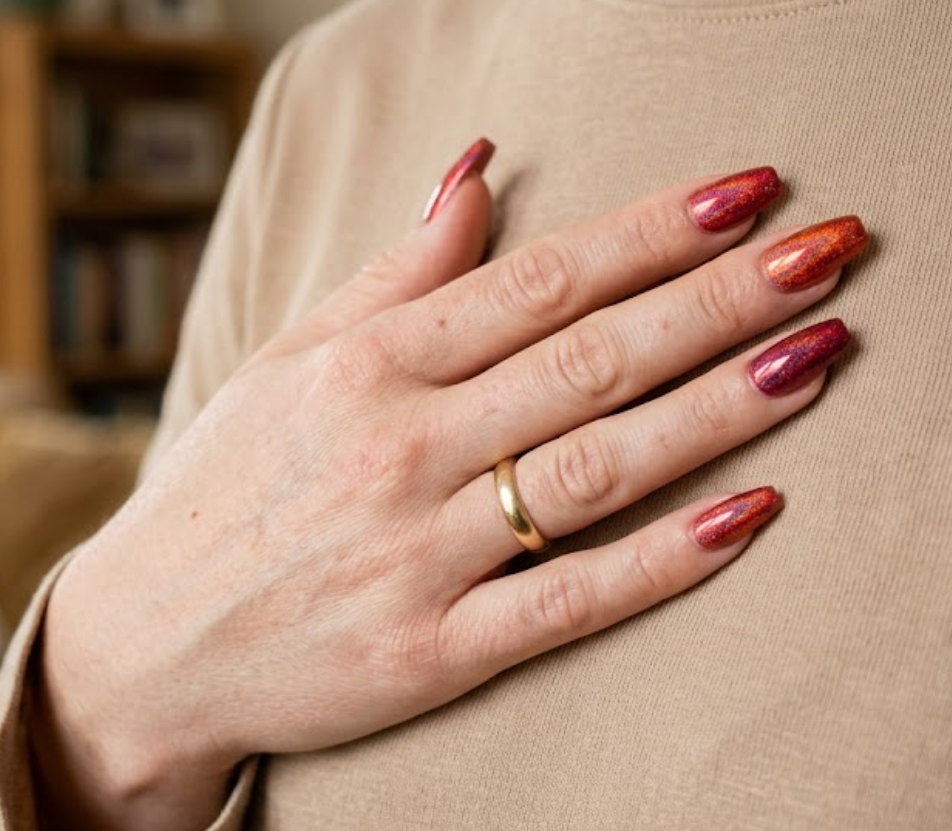 In this close-up photo, Chinese New Year nails featuring coffin holographic shimmering red tips with orange-to-wine color shifts are shown on a real hand wearing a beige shirt.