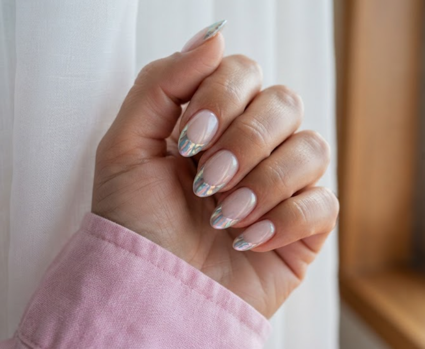 In this image, full hand nails feature Aurora Shell French cruise nail ideas.