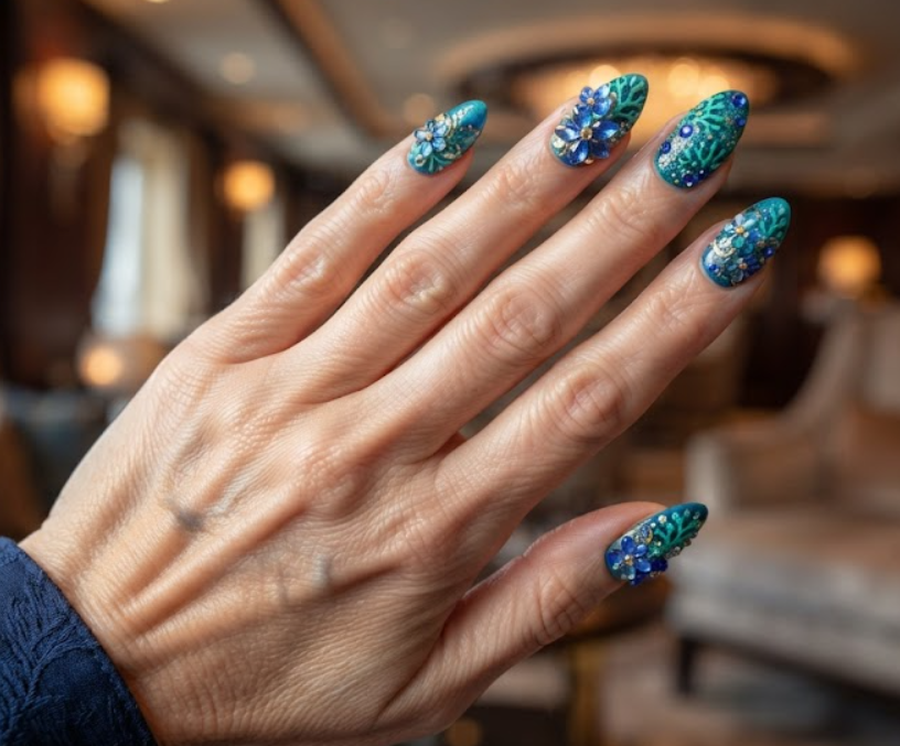 In this image, full hand nails feature Marine Crystal Garden cruise nail ideas.