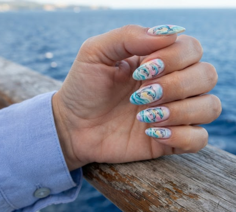 In this image, full hand nails feature Watercolor Dolphin Dance cruise nail ideas.