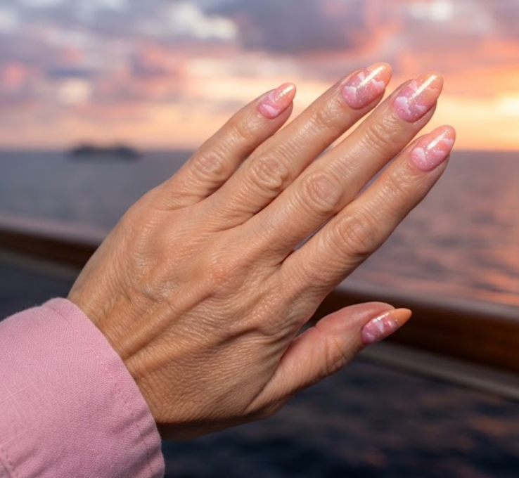 In this image, full hand nails feature Candy Sunset Cruise nail ideas.