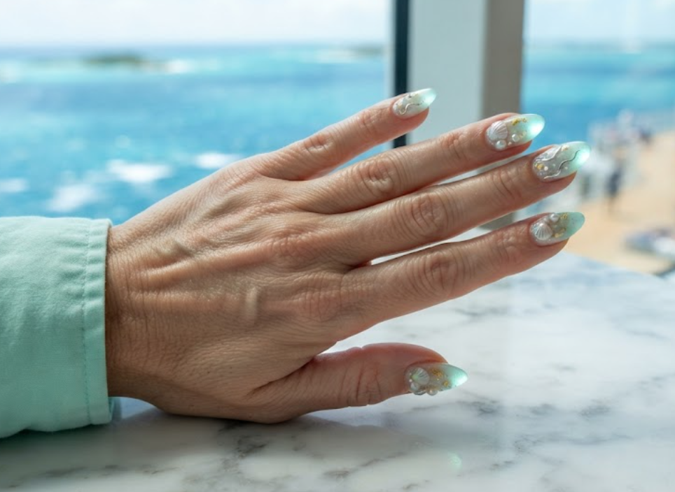 In this image, full hand nails feature Mint Lagoon Aura cruise nail ideas.